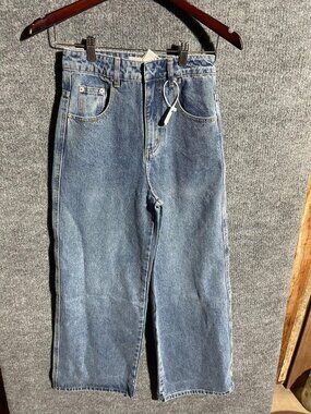 Eewen La Mode Jeans Womens Small Blue High Rise Wide Leg Denim Pearl Detail